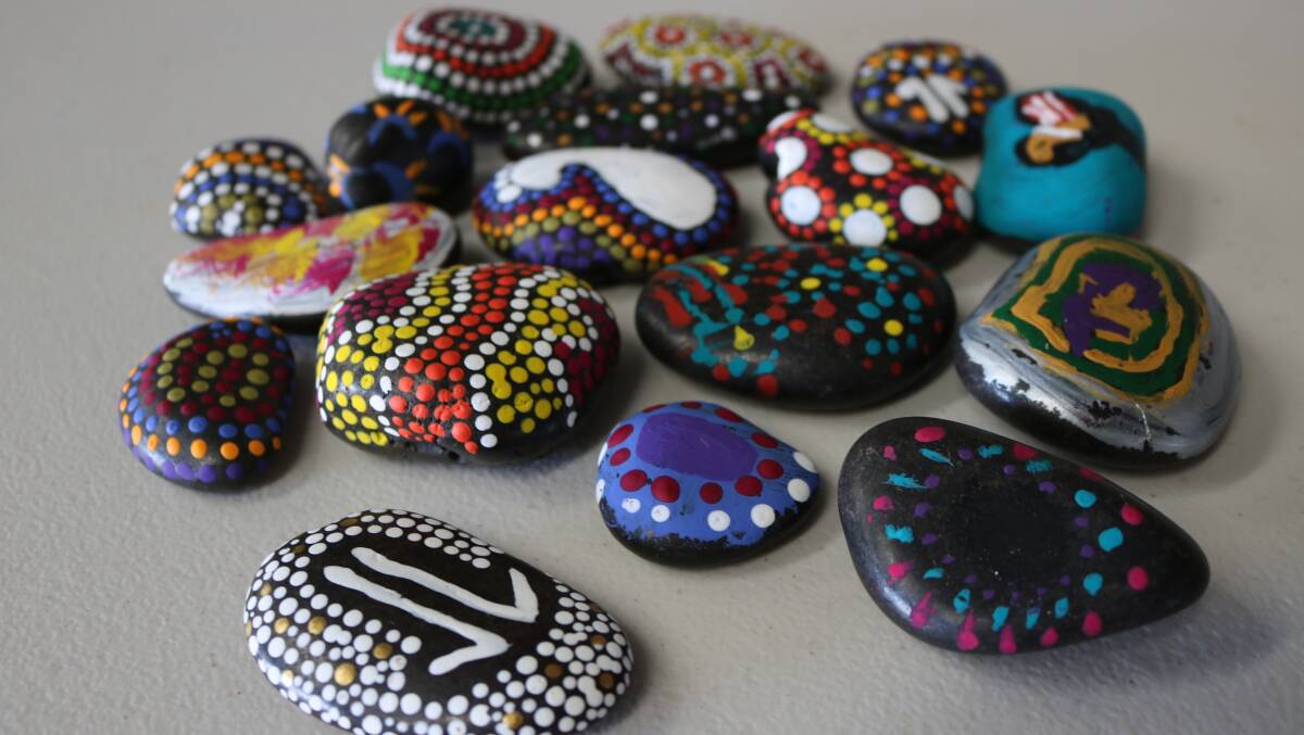 CREATE: Gunditjmara and Wotjobaluk artist Tanisha Lovett's painted rocks for the Aboriginal Symbols and Storytelling workshop. Picture: CONTRIBTED