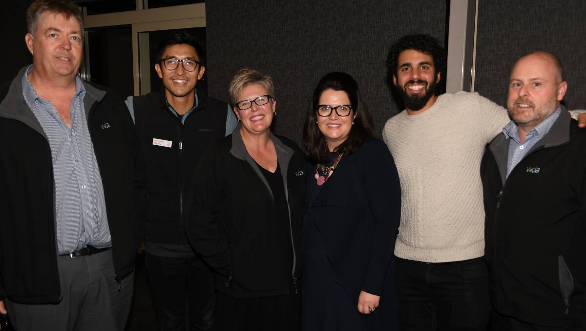 BUSINESS GROWTH: Wimmera Development Association's Chris Sounness (left) with Beanstalk Agtech's Will Tiang, Vernetta Taylor, Phoebe Norman, Justin Ahmed and Mark Fletcher. Picture: ALEX DALZIEL