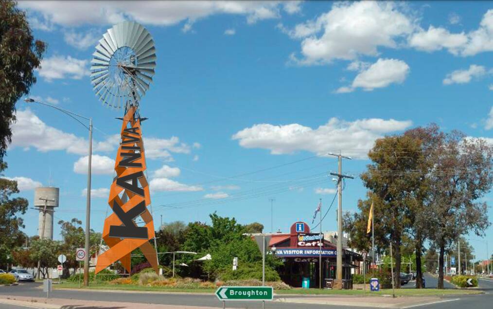 SIGNAGE: An image from the Kaniva draft shows perforated steel signage on an existing windmill structure in the town. Picture: WEST WIMMERA SHIRE COUNCIL