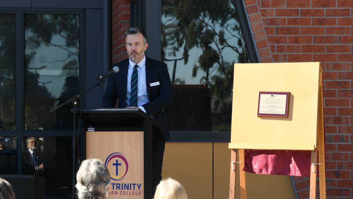 UNVEILING: Holy Trinity Lutheran College principal Daniel Weller speaking at the building's opening ceremony on Monday. Picture: ALEX DALZIEL