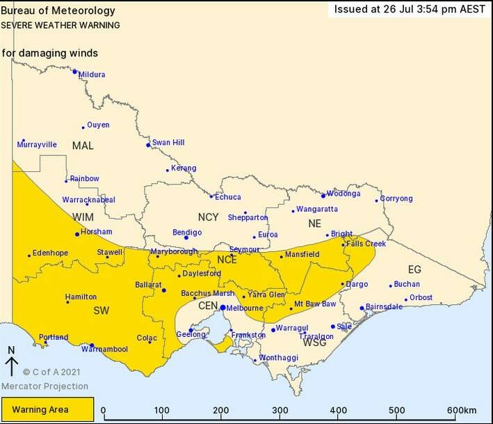 WARNING: Severe wind map for western Victoria, July 26. Picture: BUREAU OF METEOROLOGY