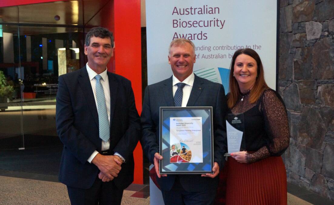 CEREMONY: Award winners Steve McCutcheon (left), Shane and Julie Templeton at the March 2020 awards ceremony at the National Arboretum in Canberra. Picture: CONTRIBUTED