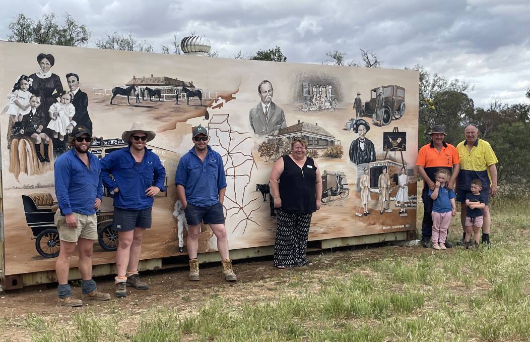 HISTORY: Mural installation crew; Marcus Feher (left), Harry Robinson, Lachie Robinson, artist Belinda Eckermann, Rob Robinson, Peter Solly and Elodie and Judson Robinson. Picture: CONTRIBUTED
