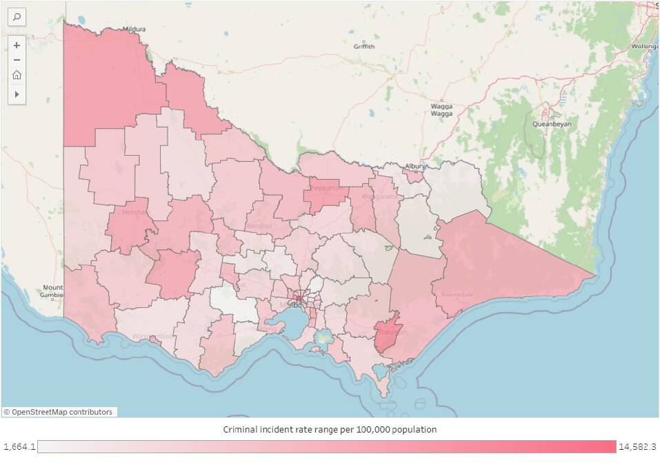 MAP: Victoria crime by area map for the year ending in March 2022. Picture: CRIME STATISTICS AGENCY