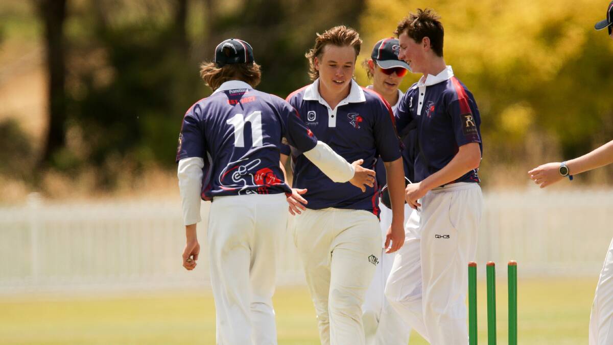 HOWZAT: Logan Millar of Horsham's Under 17s side celebrates a wicket with teammates against Colac. Picture: CHRIS DOHENY