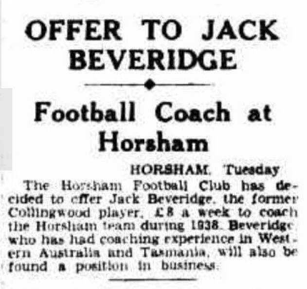 SIGNING: An article from The Argus in Melbourne from December 22 1937 talks of Beveridge's offer from Horsham. Picture: THE ARGUS/TROVE
