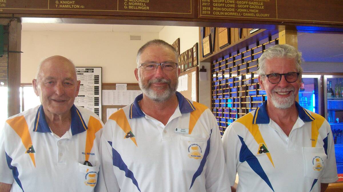 WINNERS: Sunnyside bowlers Rex Bergen, Dale McRae and Paul Southcott won the Cup Day Triples Tournament at Horsham City Bowling Club. Picture: CONTRIBUTED