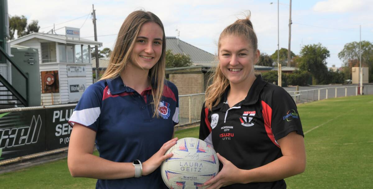 BIG GAME: Grace Manserra and Ash Grace pose for a photo ahead of the Horsham Saints and Horsham Demons A Grade netball clash. Picture: ALEX BLAIN