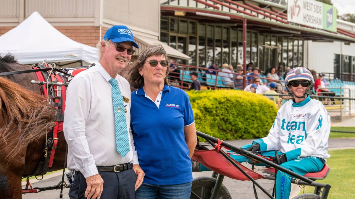 RANGER RICK: Horsham owners Terry and Jen Lewis with their 3yo gelding Ranger Rick and driver Kerryn Manning after the former NZ pacer's first up win in Oz last Monday afternoon. Picture: Bianca Brehaut & HHRC
