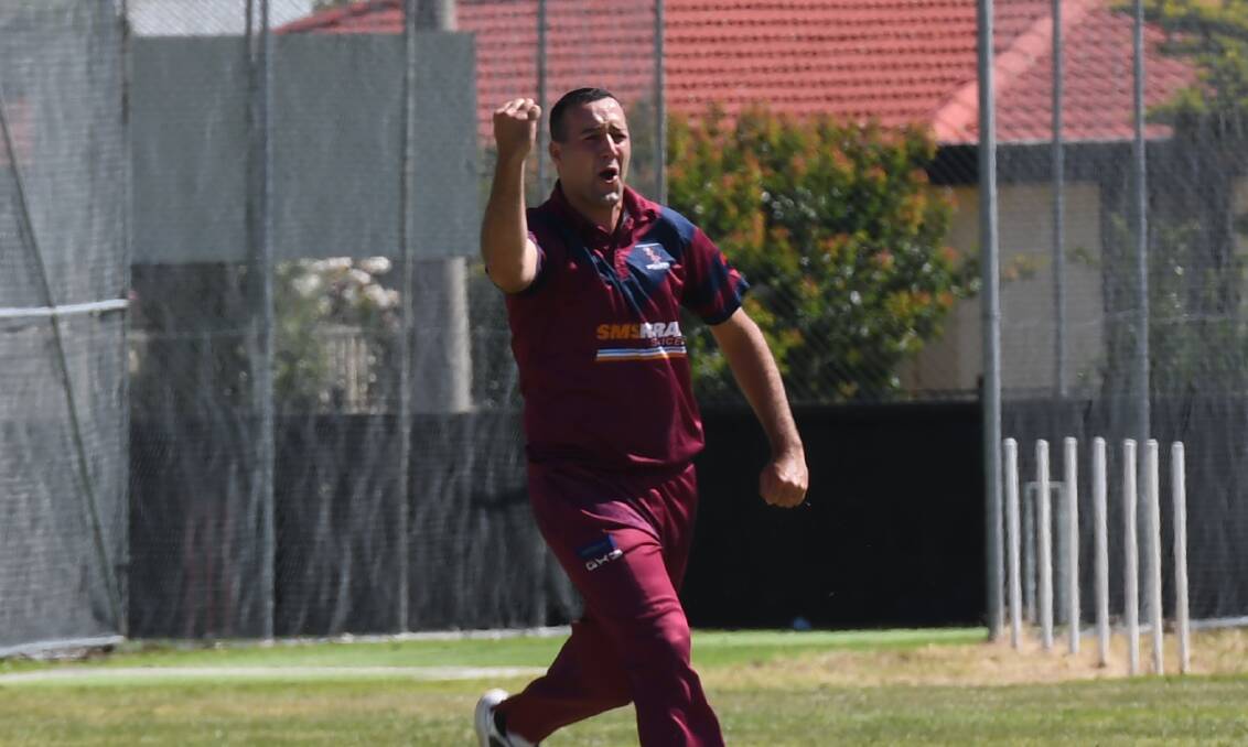 X FACTOR: Tony Caccaviello celebrates one of his wickets on his way to 8-11 against Homers in round 4. Picture: ALEX BLAIN