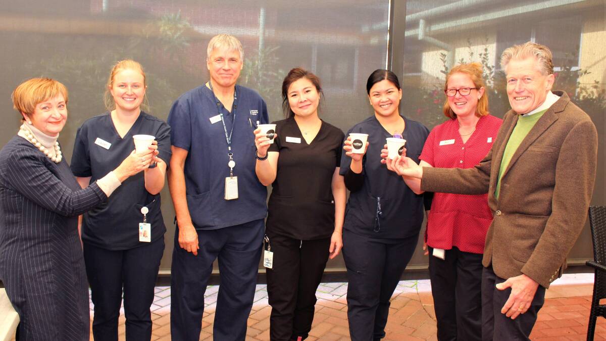Caption: Robyn and Des Lardner hand out coffees to Wimmera Base Hospital Emergency nurses, from left, Lauren Van Hooydonk, John Ladlow, Evie Lo, Nikki Guitarte and Bec Purvis. Picture: CONTRIBUTED