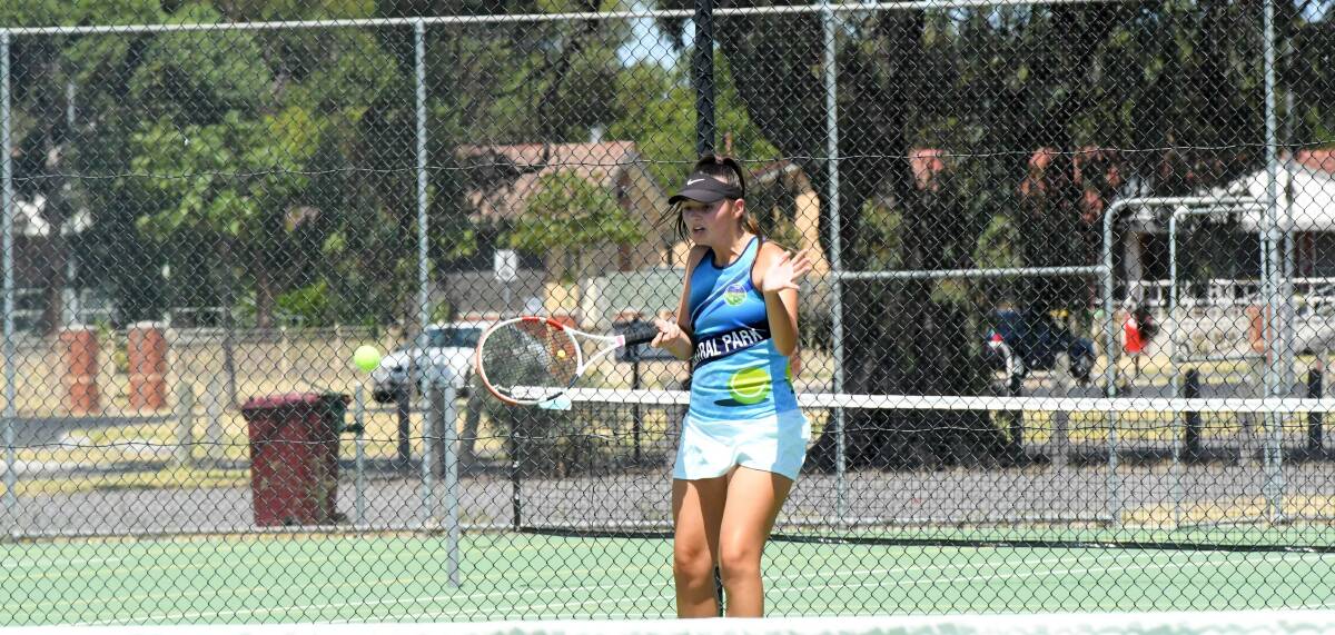 Central Park's Tara McIntyre stepts into her forehand during the round 15 CWTA pennant tie against Horsham Lawn at the Central Park Tennis Club on Saturday, February 24. Picture by John Hall. 