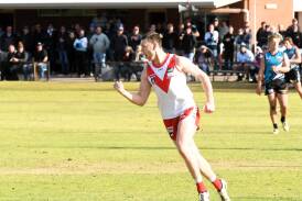Tom Mills celebrates a goal during the round 12 WFNL match against Southern Mallee at Sir Robert Menzies Park on Saturday, July 13. Picture by Lucas Holmes