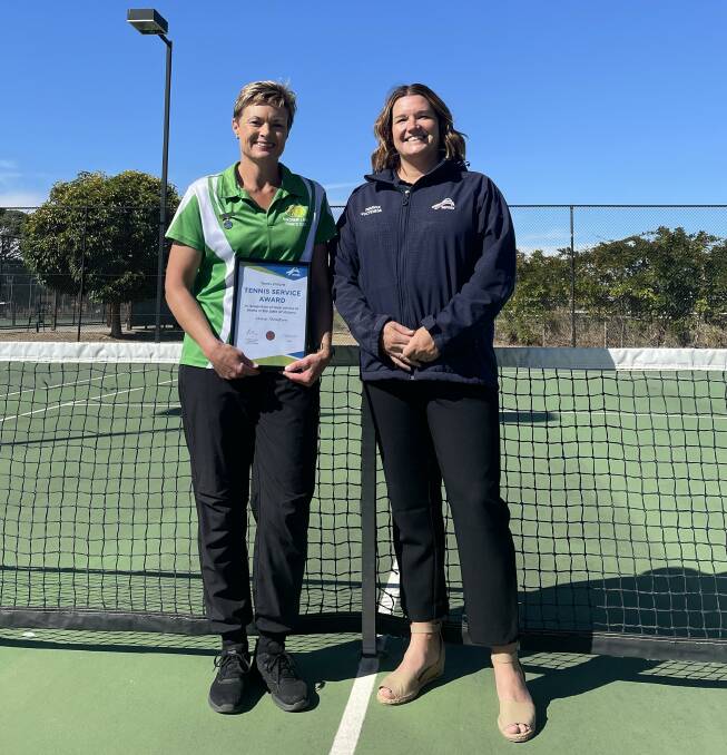 Horsham Lawn's Maree Thompson recieves her Tennis Victoria Service Award. Pictured with Tennis Victoria's Kate-Lyn Perkin. Picture by Lucas Holmes. 