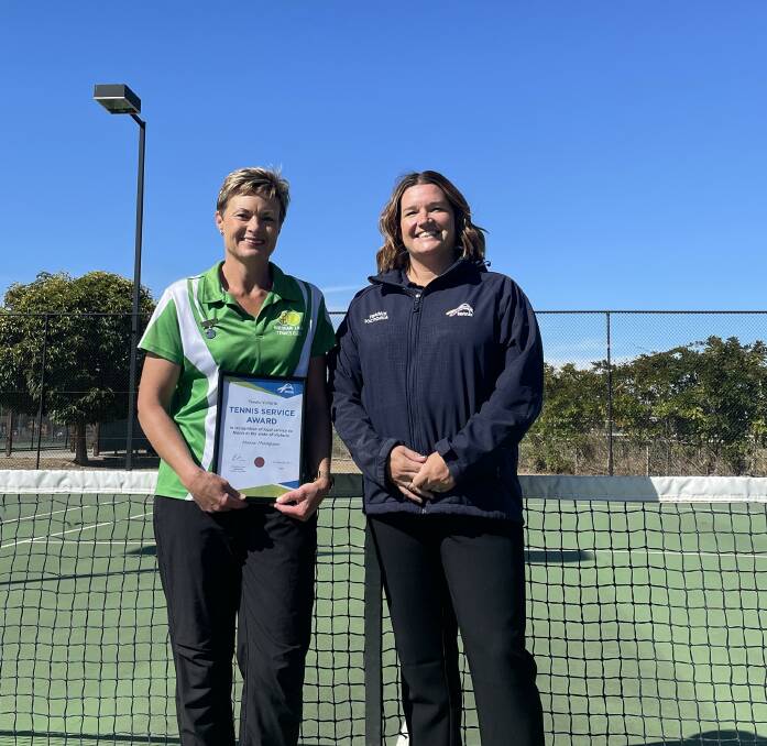 Horsham Lawn's Maree Thompson with Tennis Victoria Club Development Officer- Country Central West Kate-Lyn Perkin. Picture by Lucas Holmes. 