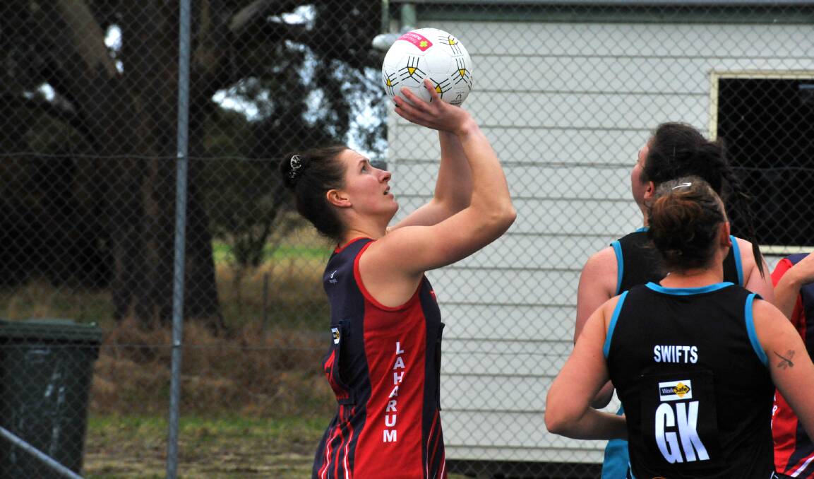 Laharum's Maddison Iredell lines up a shot at goal against the Swifts in round two of the 2023 HDFNL at Cameron Oval on Saturday, April 22. Picture by John Hall.