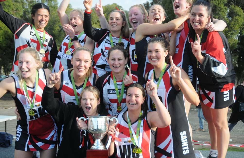 The Edenhope-Apsley Saints hold the 2022 HDFNL trophy after defeating Laharum in the season's grand final. File picture.