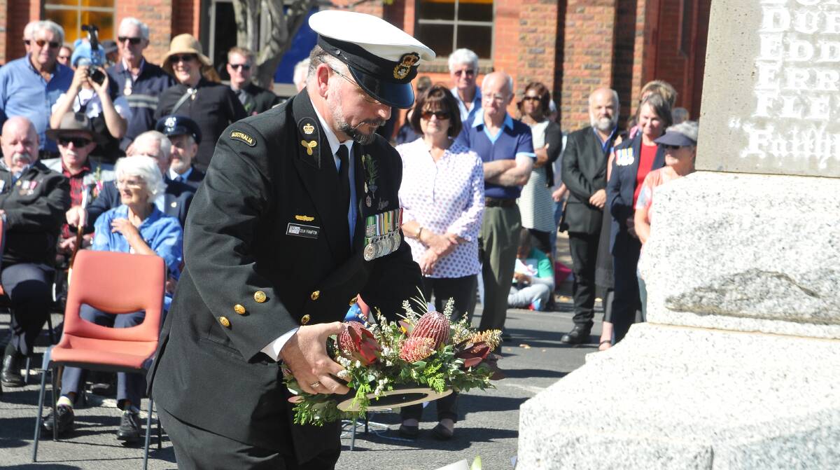 MOVING: Royal Australian Navy Chief Petty Officer Colin Frampton was guest speaker at Stawell's Anzac Day service and also laid a wreath. Picture: MARCUS MARROW