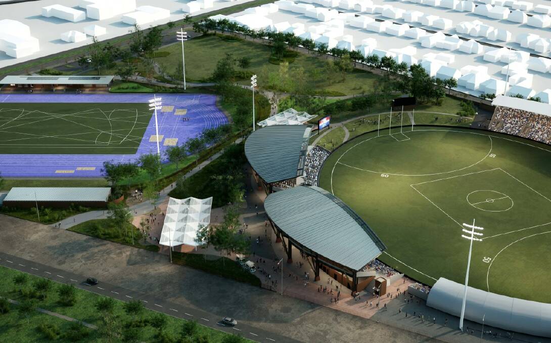 An artist's impression of the new athletics track on the former showgrounds site. Picture from Development Victoria