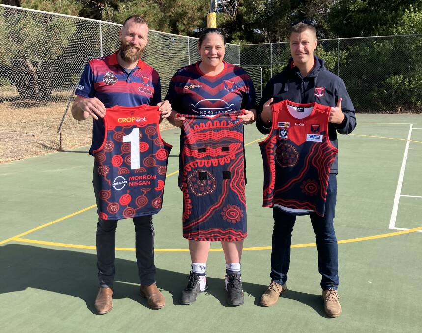 Laharum FNC's Shannon Argall, Rebecca McIntryre and Hamish Roberts display the Indigenous guernseys, designed by Wotjobaluk woman Kenita Lee McCartney, which will be worn on June 1. Picture supplied