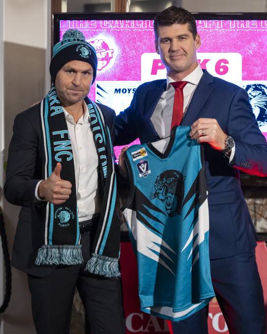 Port Adelaide Premiership player Kane Cornes (pictures with Jonathon Brown) will play for the Moyston-Willaura Pumas thanks to The Carlton Draft. Picture supplied