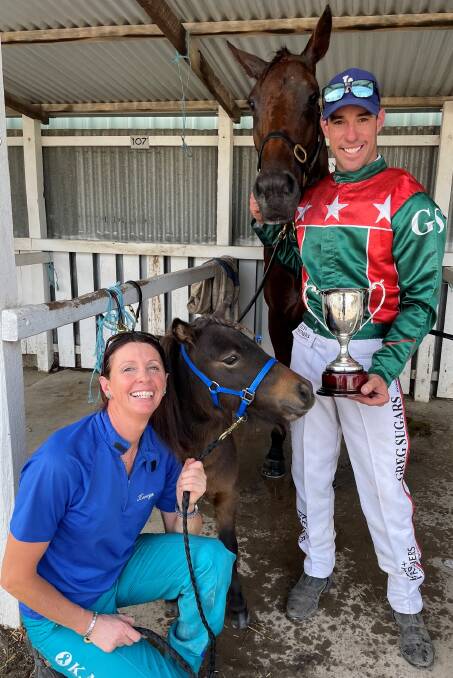 Winning driver Greg Sugars and "pony lover" Kerryn Manning with 5yo gelding One Over All after last month's victory in the Woodlands Stud Horsham Trotters Cup. Picture supplied