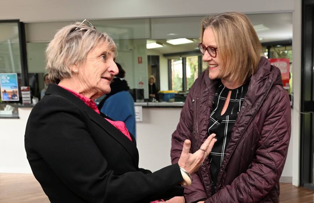 Mount Clear College principal Jenny Bromley chats with Victorian premier Jacinta Allan who visited the school on May 10. Picture by Lachlan Bence
