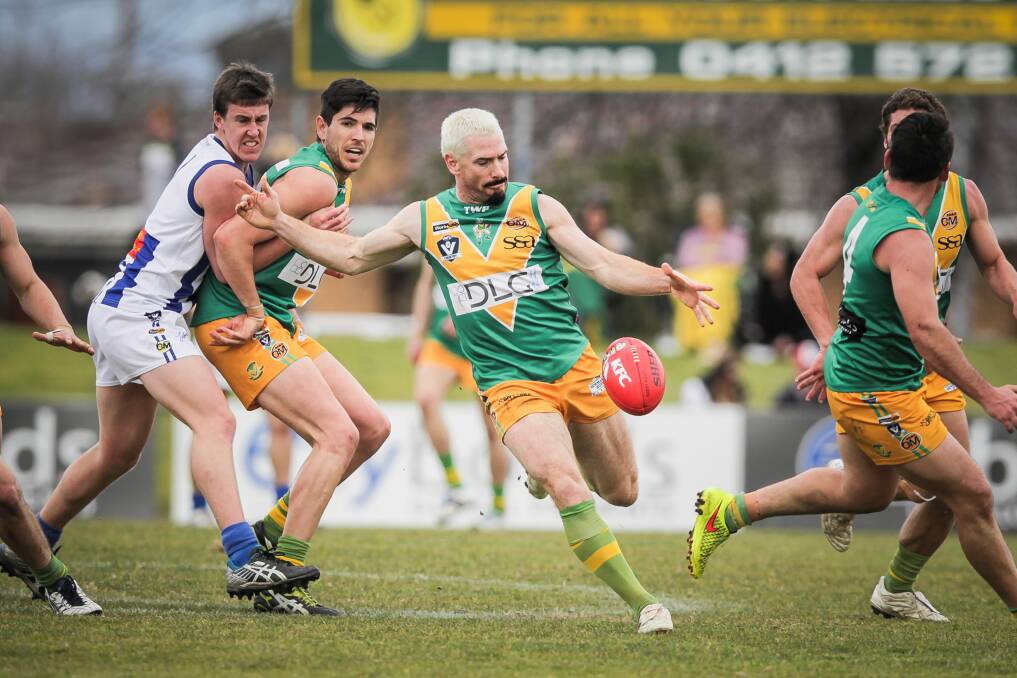 Jason Akermanis, pictured in 2013 playing for North Albury Football Club in the Ovens & Murray Football League, will play for the Warrack Eagles on Saturday, May 27. File picture