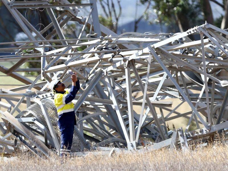 Power infrastructure such as transmission towers were damaged during storms in Victoria. (Con Chronis/AAP PHOTOS)