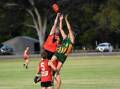The battle between Stawell and Dimboola went down to the final kick in round three. Picture by Lucas Holmes